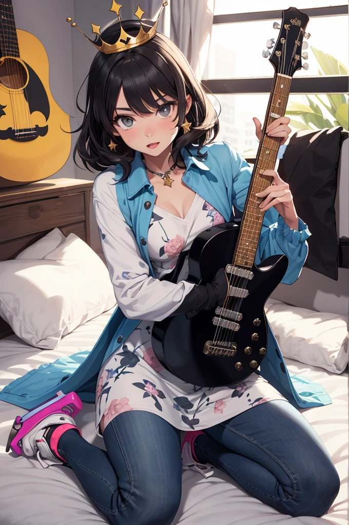 She was unique, teenager energetic black eyes Dressed for an important date, She wears a floral print dress a plastic crown like Cinderella And roller skates lying on the bed.
He looks like a star with an overcoat like a pirate, black hair and eyes, brunette skin, jeans and sneakers.
With your plastic guitar.Como no dia do Halloween.