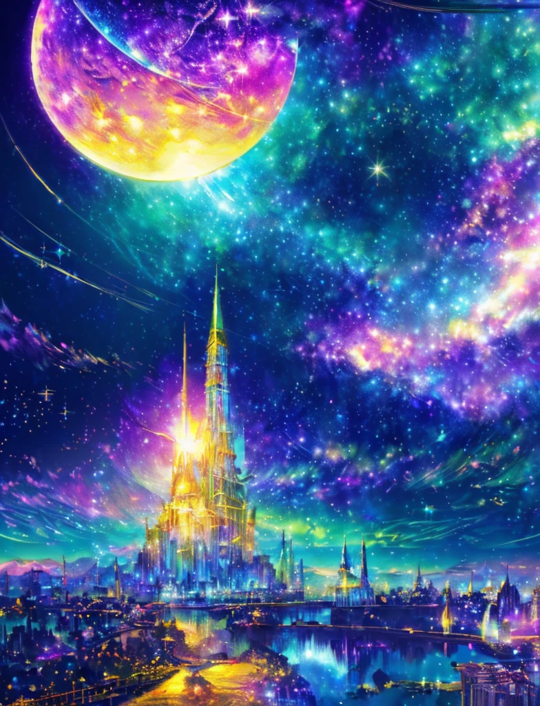 ((Supergiant pale yellow sun))((Subjective depiction of a profile looking up)、On a multicolored background、Iridescent空に星と月が描かれた川の絵、Shining skyscrapers、Shine overall、Concept art inspired by Tosa Mitsuoki、pixiv contest winners、Highest quality、Fantasy art、Beautiful anime scene、Bright Moon、moonlight star environment、Dream painting、Anime Background Art、Fantasy Landscape Painting、Fantasy Knight、Anime Background、Background artwork、wonderful芸術、Atmospheric anime、Starry Sky、Detail enhancement、, Vibrant colors, Rainbow and sunshine shining.16K, Ultra-high resolution, Iridescent、to be born,wonderful ,future、Iridescent、The world 30 years from now。
