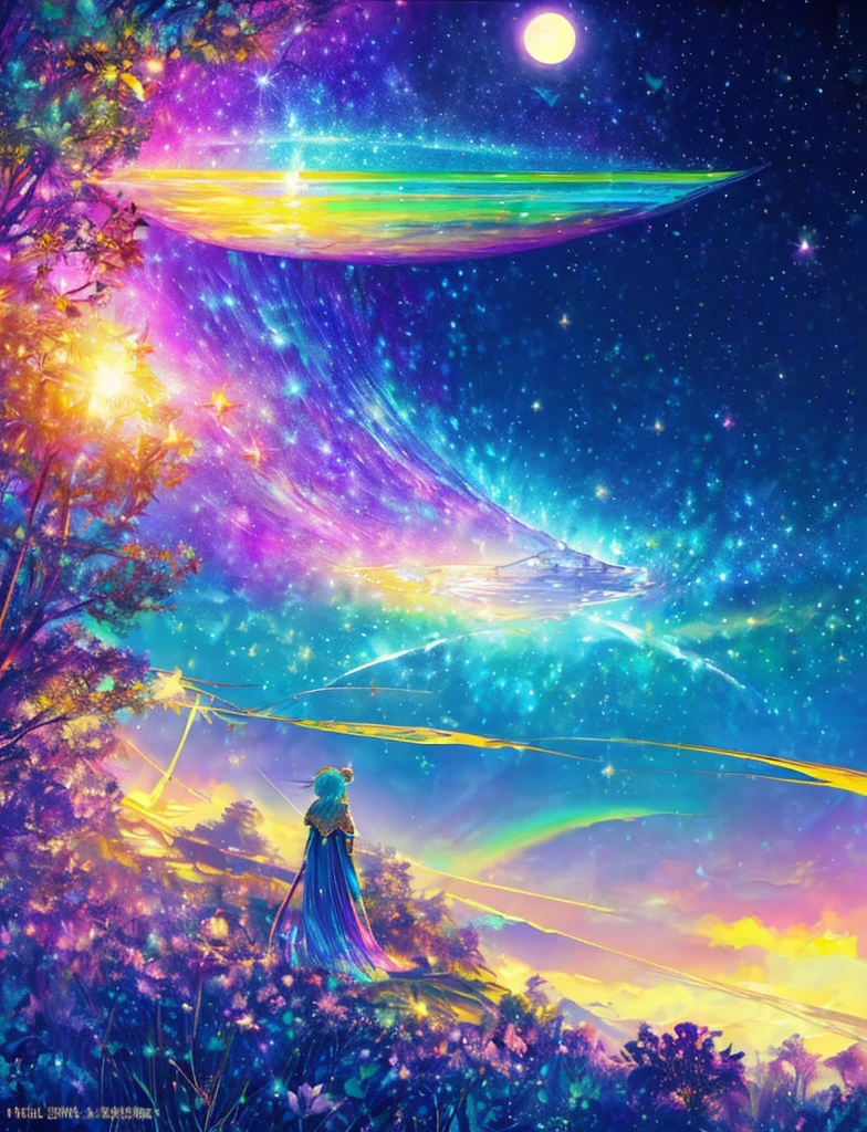 ((Supergiant pale yellow sun))((Subjective depiction of a profile looking up)、On a multicolored background、Iridescent空に星と月が描かれた川の絵、Shining skyscrapers、Shine overall、Concept art inspired by Tosa Mitsuoki、pixiv contest winners、Highest quality、Fantasy art、Beautiful anime scene、Bright Moon、moonlight star environment、Dream painting、Anime Background Art、Fantasy Landscape Painting、Fantasy Knight、Anime Background、Background artwork、wonderful芸術、Atmospheric anime、Starry Sky、Detail enhancement、, Vibrant colors, Rainbow and sunshine shining.16K, Ultra-high resolution, Iridescent、to be born,wonderful ,future、Iridescent、The world 30 years from now。