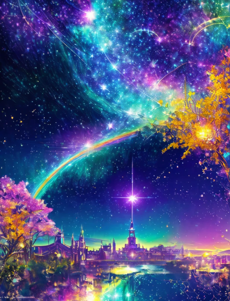 ((Supergiant pale yellow sun))((Subjective depiction of a profile looking up)、On a multicolored background、Iridescent空に星と月が描かれた川の絵、Shining skyscrapers、Shine overall、Concept art inspired by Tosa Mitsuoki、pixiv contest winners、Highest quality、Fantasy art、Beautiful anime scene、Bright Moon、moonlight star environment、Dream painting、Anime Background Art、Fantasy Landscape Painting、Fantasy Knight、Anime Background、Background artwork、wonderful芸術、Atmospheric anime、Starry Sky、Detail enhancement、, Vibrant colors, Rainbow and sunshine shining.16K, Ultra-high resolution, Iridescent、to be born,wonderful ,future、Iridescent、The world 30 years from now。