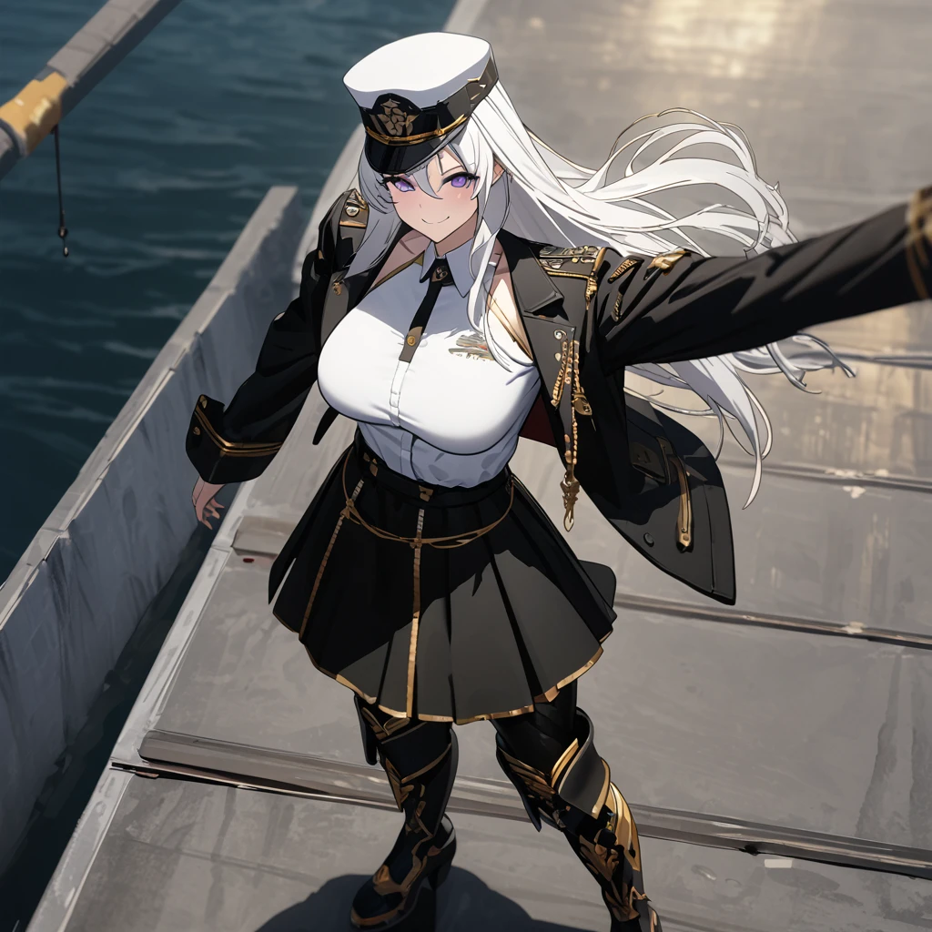 A woman wearing a long-sleeved black jacket with gold details, open jacket, white women's t-shirt, black skirt with gold details, black metal boots, wearing a white military hat with black, white and gold details, standing, with an eagle hanging from his raised arm, big breasts, purple eyes, white hair, long hair, smiling, perfect face, on a concrete platform in a naval port overlooking the sea,.UHD , prime work , accurate , anatomically correct , textured skin , super details , high quality , best quality, 8k, high resolution, bokeh effect. (woman solo)
