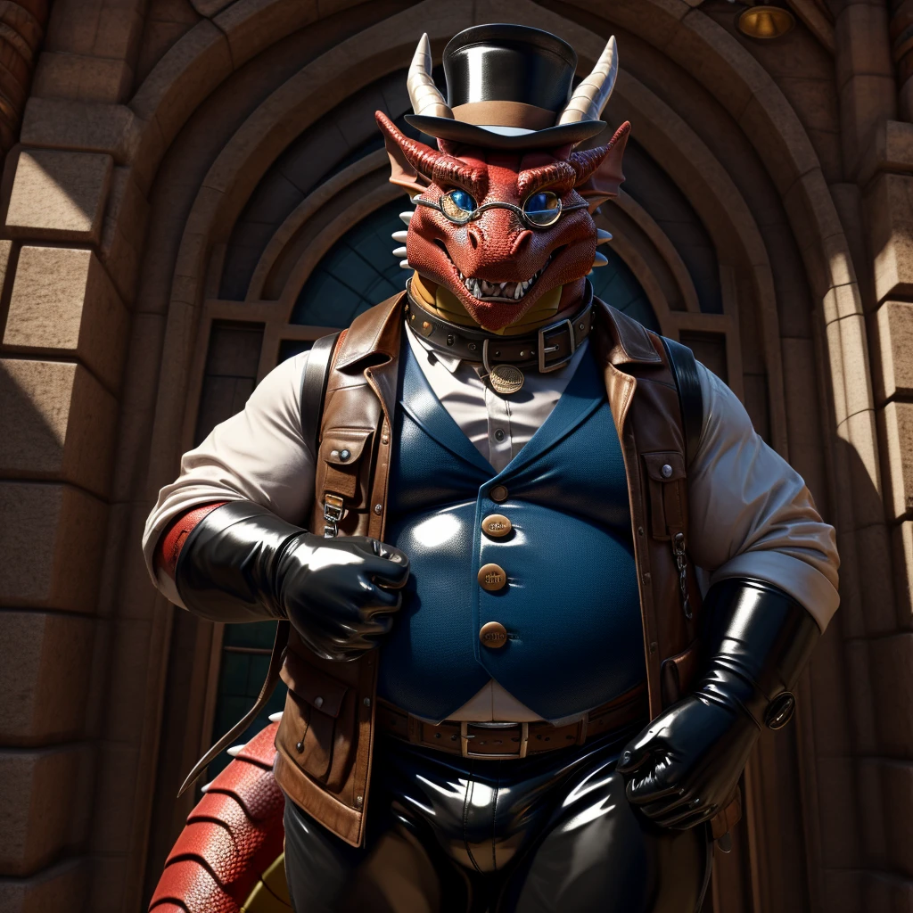 Solo, Male, fat, extremely obese, gentleman, dapper Professor Dragon, blue eyes, (posing:1.3), (soft shading), 4k, hi res, ((detailed face, detailed)), looking at viewer, mouth wide open, steampunk, collared shirt with buttons, top hat, male focus, Explorer Outfit, glasses, monocle, bag, vest with buttons, backpack, sleeves rolled up, round eyewear, brown headwear, brown vest, Dragon is wearing a glossy leather dog collar around the neck, Dragon is wearing the leather collar and shirt and vest at the same time, Dragon is wearing glossy white rubber gloves on the hands, wearing white rubber gloves on the feet, gloves are rubber in texture, clenching teeth, clenching fists, leather collar is glossy and shiny with a lot of detail, Dragon is wearing gloves and leather collar at the same time, leather collar has a round dog-tag, leather collar is thick and detailed.