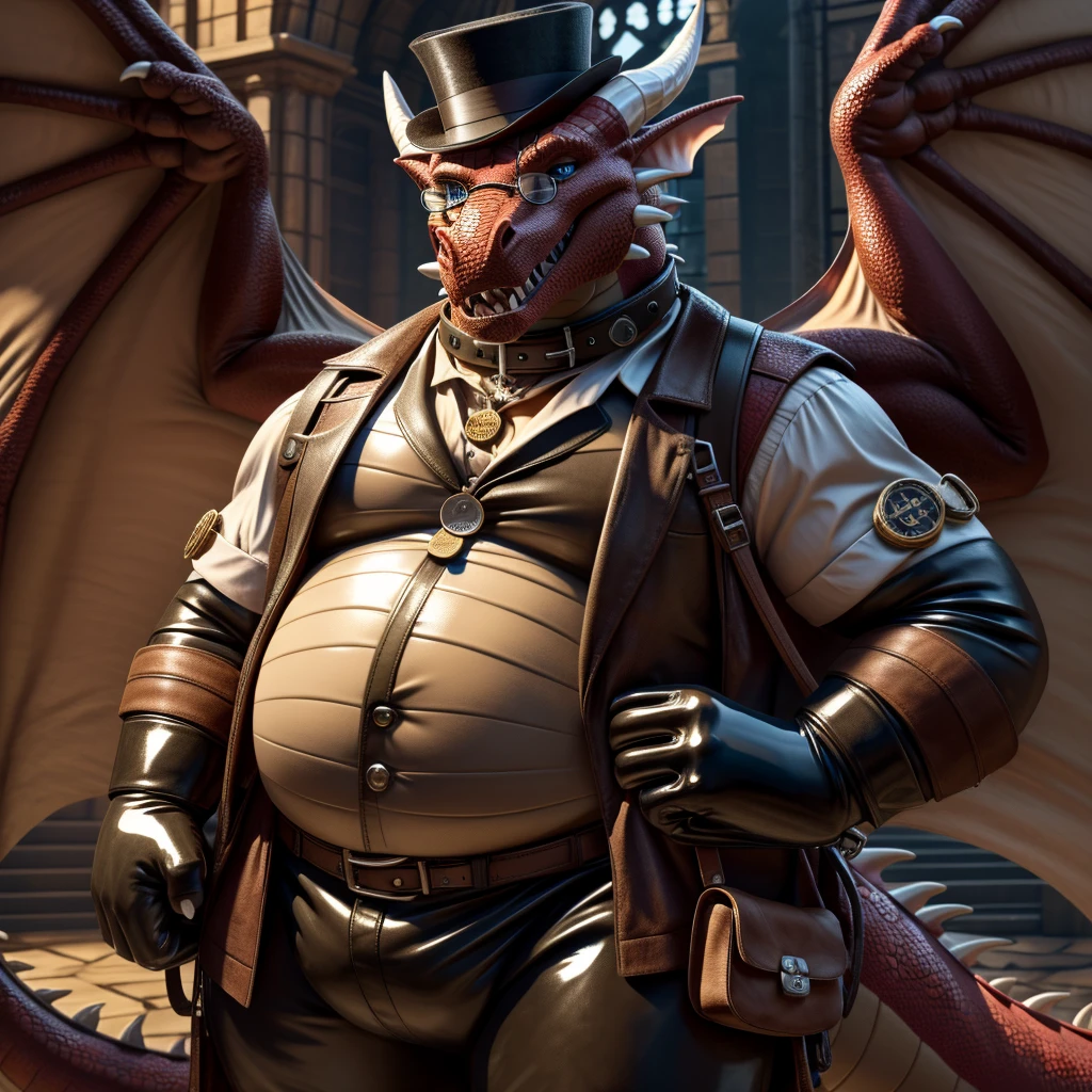 Solo, Male, fat, extremely obese, gentleman, dapper Professor Dragon, with a large penis and testicles, masturbating, ejaculating extreme amounts of sperm covered worms from the penis, shooting large worm-shaped sperm from the penis, blue eyes, (posing:1.3), (soft shading), 4k, hi res, ((detailed face, detailed)), looking at viewer, evil grin, steampunk, collared shirt with buttons, top hat, male focus, Explorer Outfit, glasses, monocle, bag, vest with buttons, backpack, sleeves rolled up, round eyewear, brown headwear, brown vest, Dragon is wearing a glossy leather dog collar around the neck, Dragon is wearing the leather collar and shirt and vest at the same time, Dragon is wearing glossy white rubber gloves on the hands, wearing white rubber gloves on the feet, gloves are rubber in texture, clenching teeth, Dragon is rubbing his penis with hands, leather collar is glossy and shiny with a lot of detail, Dragon is wearing gloves and leather collar at the same time, leather collar has a round dog-tag, leather collar is thick and detailed, sperm is sticky in texture, sperm is shaped like a worm, worms are coming out of the Dragon's penis, worms are sticky and gooey, Dragon is ejaculating worms from the penis, penis is wet and dripping with sperm.