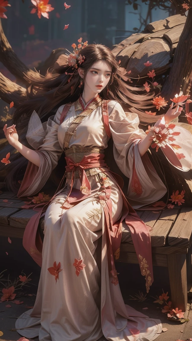 A beautiful woman with perfect curves wearing a long dress that gently flutters in the air,The beautiful woman was lie down in a sea of beautiful flowers surrounding her, Chinese traditional, her flexible body increasing with every movement, So enchanting, the dim candlelight, the glowing butterflies fighting the darkness of the night, the light of the moon, The night wind blowing the curtains, the pink flower petals , flower petals flying around the room, Chinese dancing, This woman is so beautiful that she attracts everyone who watches her, ancient China, imperial empress