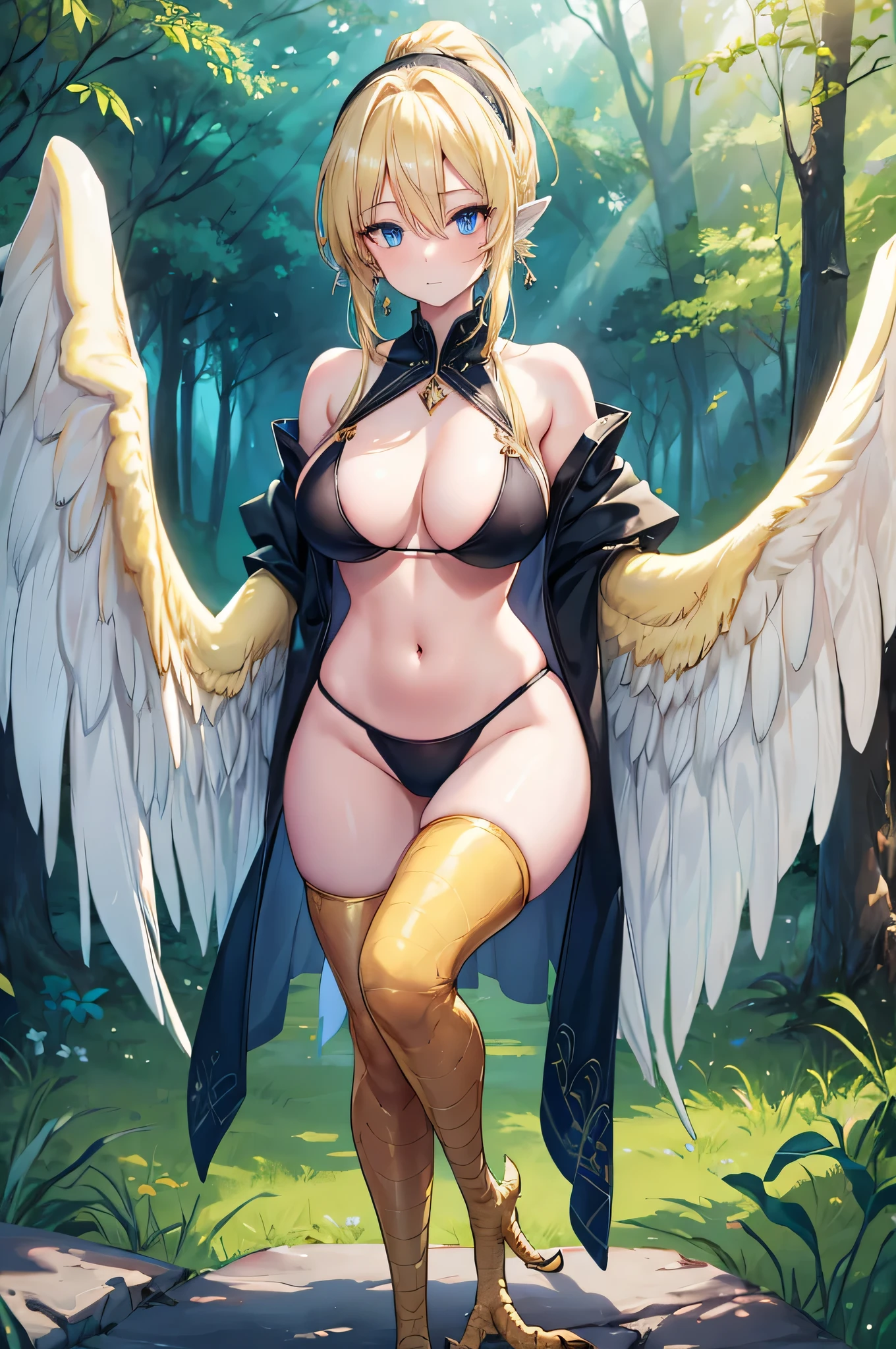 4K,High resolution,One Woman,Harpy,Blonde,Long Ponytail,Blue Eyes,Big Breasts,White Wings,Golden toenails,Dancer,Black bikini,hair band,Jewelry decoration,in the forest