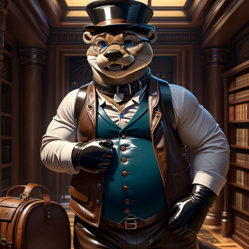 Solo, Male, fat, extremely obese, gentleman, dapper Professor Otter, blue eyes, (posing:1.3), (soft shading), 4k, hi res, ((detailed face, detailed)), looking at viewer, mouth wide open, steampunk, collared shirt with buttons, top hat, male focus, Explorer Outfit, glasses, monocle, bag, vest with buttons, backpack, sleeves rolled up, round eyewear, brown headwear, brown vest, Otter is wearing a glossy leather dog collar around the neck, Otter is wearing the leather collar and shirt and vest at the same time, Otter is wearing glossy white rubber gloves on the hands, wearing white rubber gloves on the feet, gloves are rubber in texture, clenching teeth, clenching fists, leather collar is glossy and shiny with a lot of detail, Otter is wearing gloves and leather collar at the same time, leather collar has a round dog-tag, leather collar is thick and detailed.