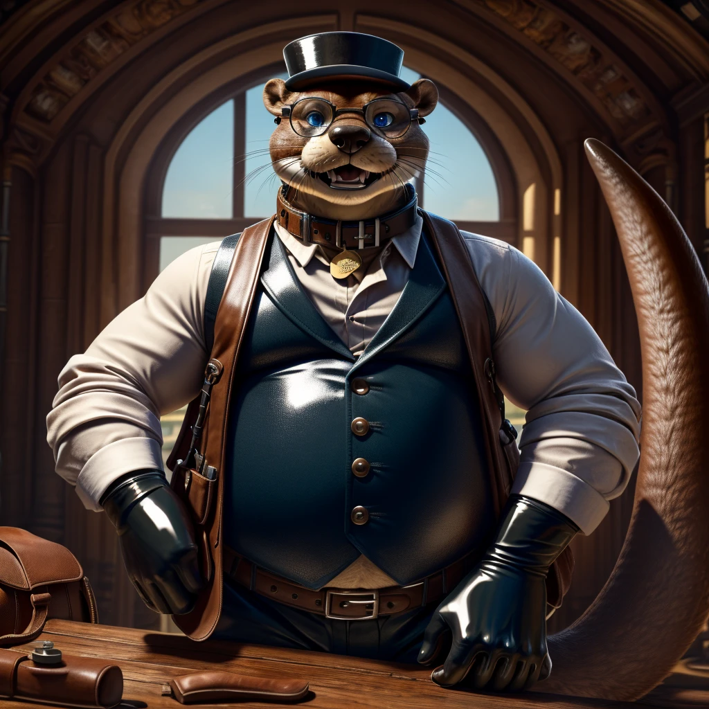 Solo, Male, fat, extremely obese, gentleman, dapper Professor Otter, blue eyes, (posing:1.3), (soft shading), 4k, hi res, ((detailed face, detailed)), looking at viewer, mouth wide open, steampunk, collared shirt with buttons, top hat, male focus, Explorer Outfit, glasses, monocle, bag, vest with buttons, backpack, sleeves rolled up, round eyewear, brown headwear, brown vest, Otter is wearing a glossy leather dog collar around the neck, Otter is wearing the leather collar and shirt and vest at the same time, Otter is wearing glossy white rubber gloves on the hands, wearing white rubber gloves on the feet, gloves are rubber in texture, clenching teeth, clenching fists, leather collar is glossy and shiny with a lot of detail, Otter is wearing gloves and leather collar at the same time, leather collar has a round dog-tag, leather collar is thick and detailed.