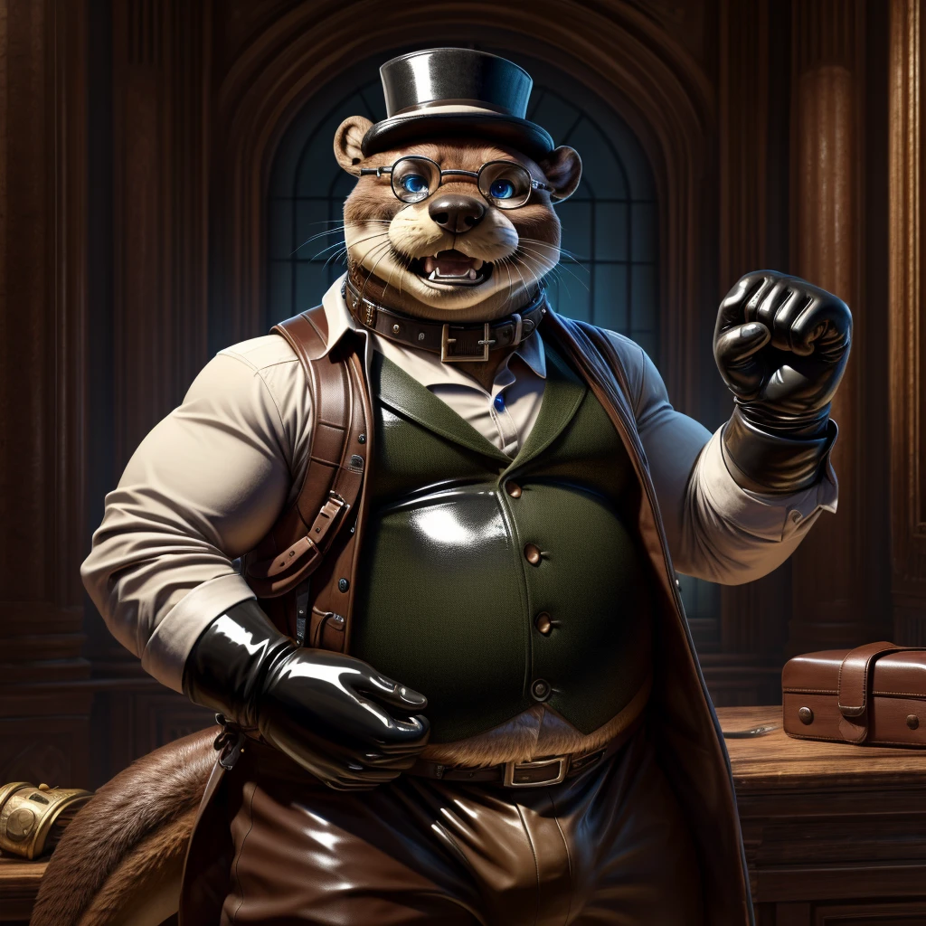 Solo, Male, fat, extremely obese, gentleman, dapper Professor Otter, blue eyes, (posing:1.3), (soft shading), 4k, hi res, ((detailed face, detailed)), looking at viewer, mouth wide open, steampunk, collared shirt with buttons, top hat, male focus, Explorer Outfit, glasses, monocle, bag, vest with buttons, backpack, sleeves rolled up, round eyewear, brown headwear, brown vest, Otter is wearing a glossy leather dog collar around the neck, Otter is wearing the leather collar and shirt and vest at the same time, Otter is wearing glossy white rubber gloves on the hands, wearing white rubber gloves on the feet, gloves are rubber in texture, clenching teeth, clenching fists, leather collar is glossy and shiny with a lot of detail, Otter is wearing gloves and leather collar at the same time, leather collar has a round dog-tag, leather collar is thick and detailed.
