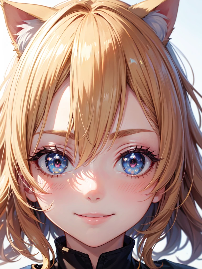 hair over shoulder, wavy hair, hair strand, shiny hair, blonde hair, eye reflection, glowing eyes, slit pupils, amber eyes, cat ears, smile, blush, glint, happy, anime, anime style, En plein air, high detail, cinematic lighting, ray tracing, reflection light, masterpiece, accurate, anatomically correct, super detail, high details, high quality, best quality, highres, 4K
