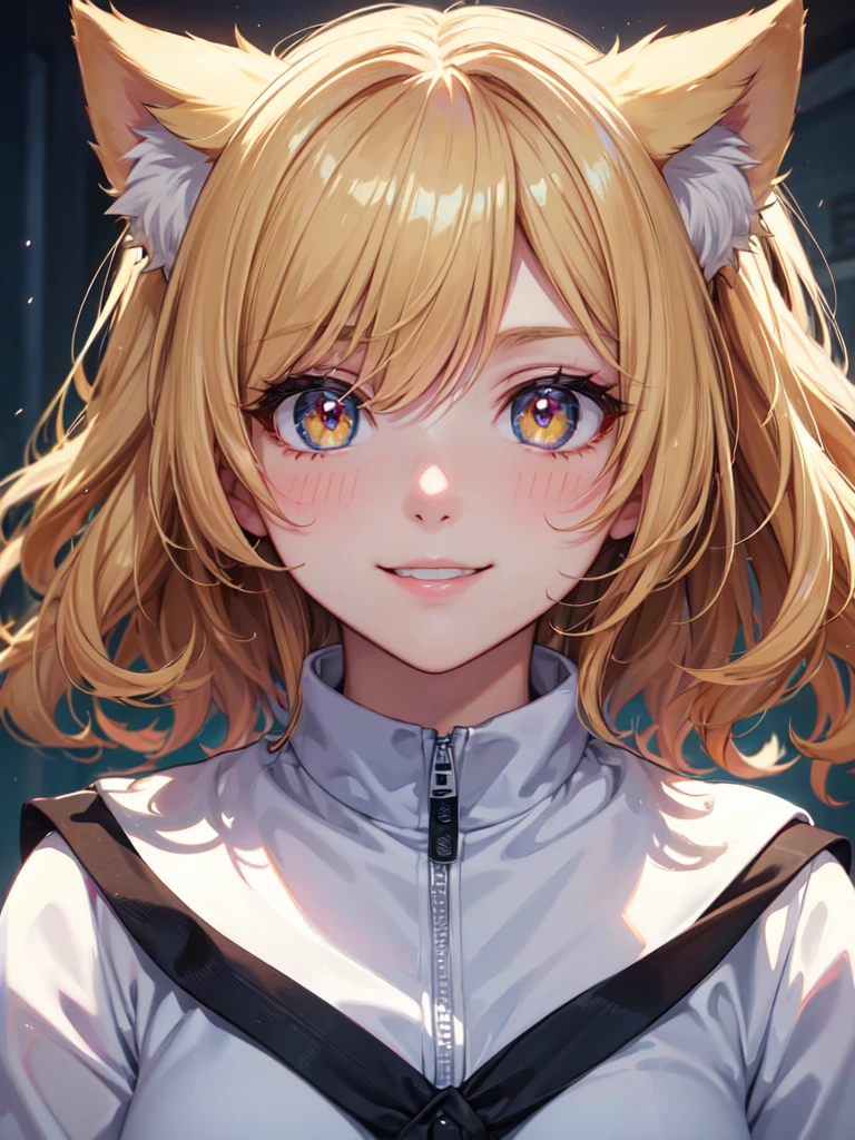 hair over shoulder, wavy hair, hair strand, shiny hair, blonde hair, eye reflection, glowing eyes, slit pupils, amber eyes, cat ears, smile, blush, glint, happy, anime, anime style, En plein air, high detail, cinematic lighting, ray tracing, reflection light, masterpiece, accurate, anatomically correct, super detail, high details, high quality, best quality, highres, 4K
