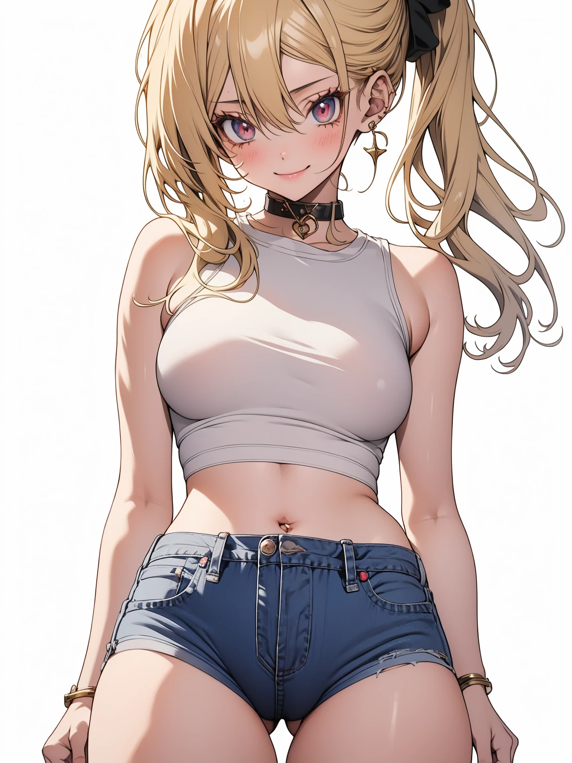 アニメ, アニメ, 2d, 18-years old, 18-years old, (((whole body))), very kawaii, ssmile, labia lips, seductive ssmile, standing alone, Scrawny, breasts big, Plain White T-Shirt, tight shorts, shorts, dynamic angle, no back ground, White background, gazing at viewer, darker shadows, (((absurderes))), (((tight slit))), (((camel toe))), (((sleeveless))),