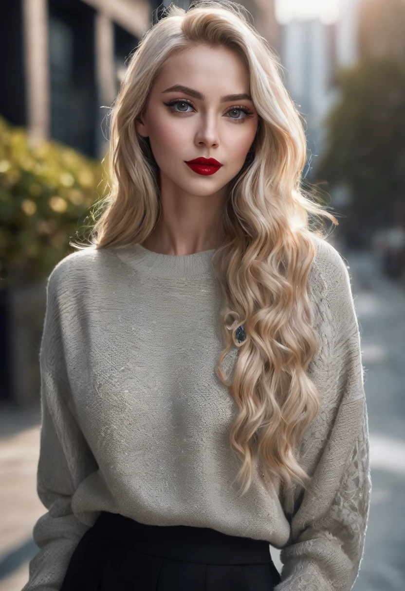 (8k Ultra HD, image 9:17, 8k, masterpiece, RAW photo, best quality, detail: 1.6), 3D, rich colors, photorealistic, incredibly detailed CG Unity 8k wallpaper, cinema light, (sharp focus: 1.2), (extremely beautiful face, beautiful lips, beautiful big eyes), clean eyes, (big smile), beautiful nod_woman, a ((woman with long (((blonde)) hair and a black sweater)), perfect nod_body, perfect nod_face, (((dark makeup, red lipstick, eyeliner, cheveux noirs moelleux, Hair illumination, voluminous lighting, expressive eyes))), ((face with intricate details)), ((very detailed skin)), ((close up face:1.3)), upper body shot)