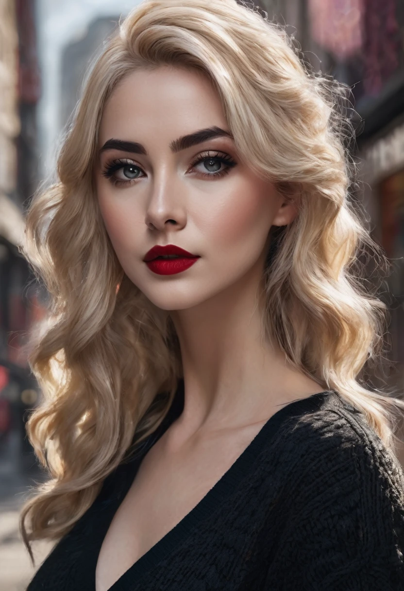 (8k Ultra HD, image 9:17, 8k, masterpiece, RAW photo, best quality, detail: 1.6), 3D, rich colors, photorealistic, incredibly detailed CG Unity 8k wallpaper, cinema light, (sharp focus: 1.2), (extremely beautiful face, beautiful lips, beautiful big eyes), clean eyes, (big smile), beautiful nod_woman, a ((woman with long (((blonde)) hair and a black sweater)), perfect nod_body, perfect nod_face, (((dark makeup, red lipstick, eyeliner, cheveux noirs moelleux, Hair illumination, voluminous lighting, expressive eyes))), ((face with intricate details)), ((very detailed skin)), ((close up face:1.3)), upper body shot)