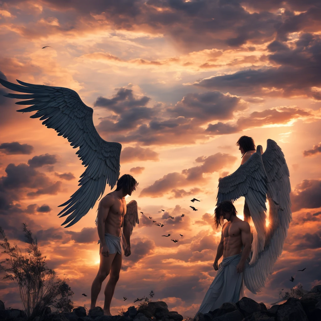  men angels, falling ,Ceu, sunset, clouds, sober colors, Melancholic, Grieving, Scrawny, bonitas, corpo bonitas, rosto Grieving, feathers, wings 