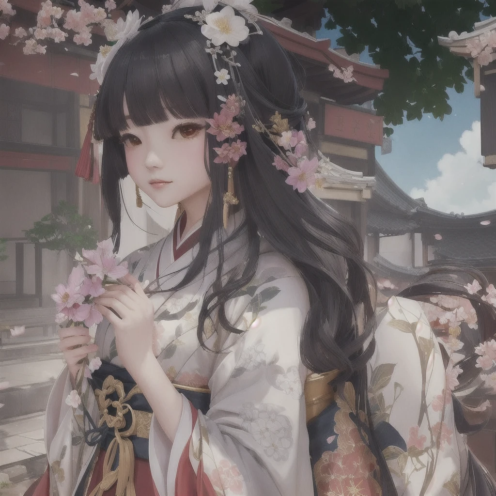 Anime girl in kimono holding flowers in front of a building, Gwaiz, onmyoji portrait, Gwaiz on pixiv artstation, artwork in the style of Gwaiz, Gwaiz on artstation pixiv, palace ， Girl in Hanfu, onmyoji, The Detailed Art of the Onmyoji, everyone