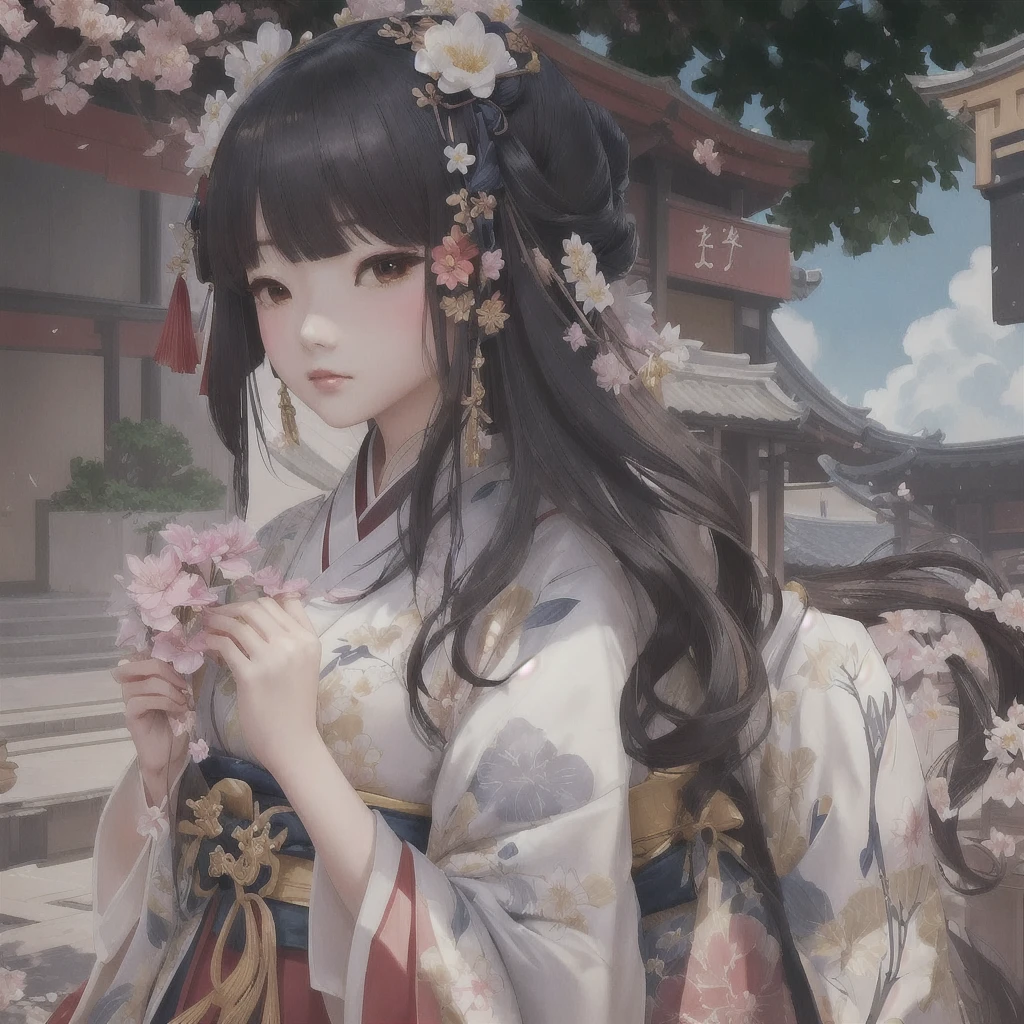Anime girl in kimono holding flowers in front of a building, Gwaiz, onmyoji portrait, Gwaiz on pixiv artstation, artwork in the style of Gwaiz, Gwaiz on artstation pixiv, palace , Girl in Hanfu, onmyoji, The Detailed Art of the Onmyoji, everyone
