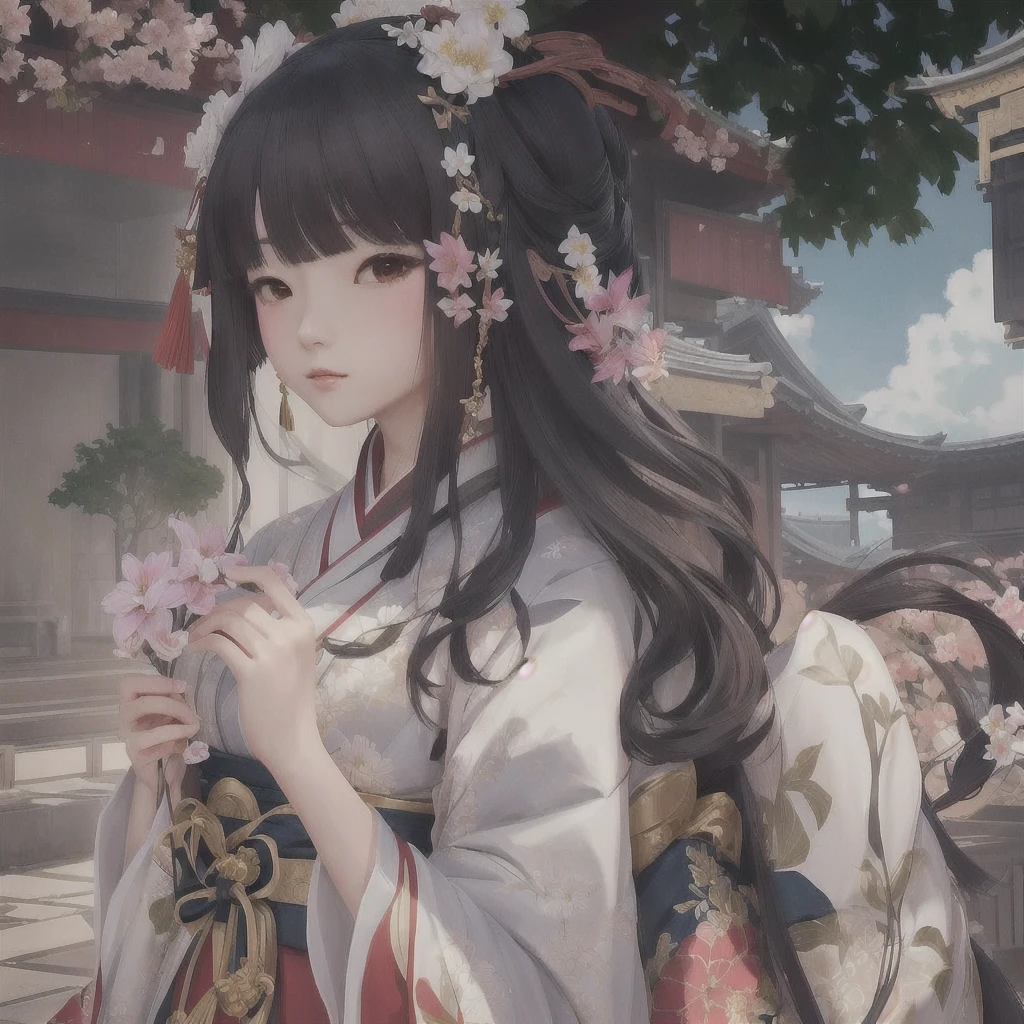 Anime girl in kimono holding flowers in front of a building, Gwaiz, onmyoji portrait, Gwaiz on pixiv artstation, artwork in the style of Gwaiz, Gwaiz on artstation pixiv, palace ， Girl in Hanfu, onmyoji, The Detailed Art of the Onmyoji, everyone