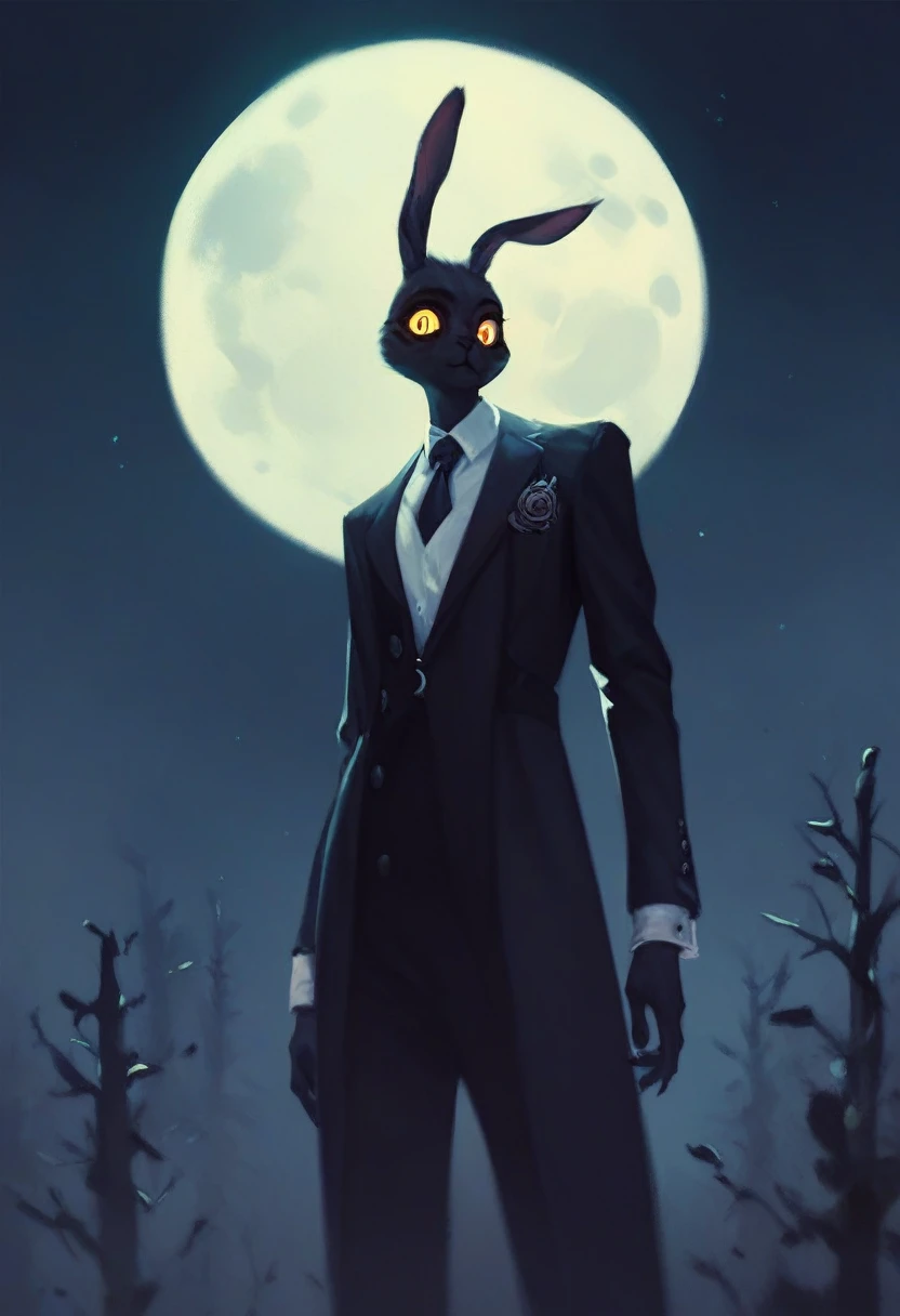 black furry bunny standing under the moonlight wearing a suit and has glowing yellow eyes , dark background, high detail, no light, woods landscape in the middle of the night, mistic, full moon, moonlight, (flat shading:1.2), (minimalist:1.4)
creepy bunny, evil