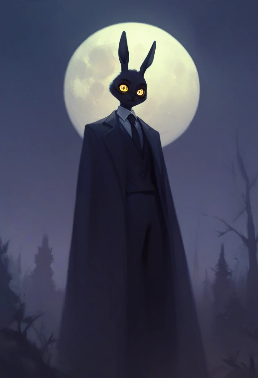 black furry bunny standing under the moonlight wearing a suit and has glowing yellow eyes , dark background, high detail, no light, woods landscape in the middle of the night, mistic, full moon, moonlight, (flat shading:1.2), (minimalist:1.4)
creepy bunny, evil