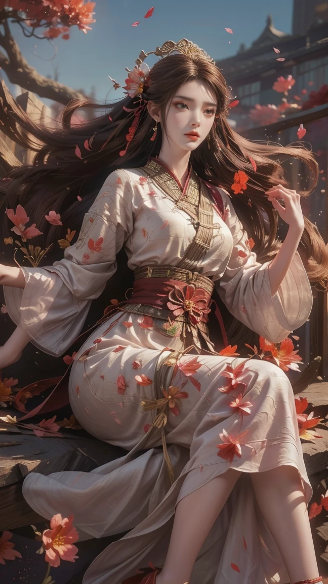 A beautiful woman with perfect curves wearing a long dress that gently flutters in the air,The beautiful woman was lie down in a sea of beautiful flowers surrounding her, Chinese traditional, her flexible body increasing with every movement, So enchanting, the dim candlelight, the glowing butterflies fighting the darkness of the night, the light of the moon, The night wind blowing the curtains, the pink flower petals , flower petals flying around the room, Chinese dancing, This woman is so beautiful that she attracts everyone who watches her, ancient China, imperial empress
