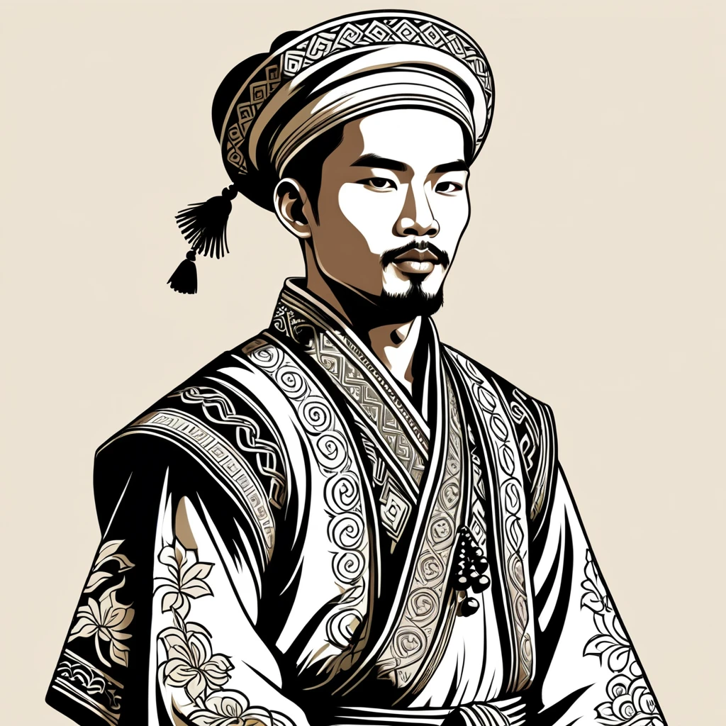 man in folk outfit from an unknown asian ethnic group, vector graphics, strong contours