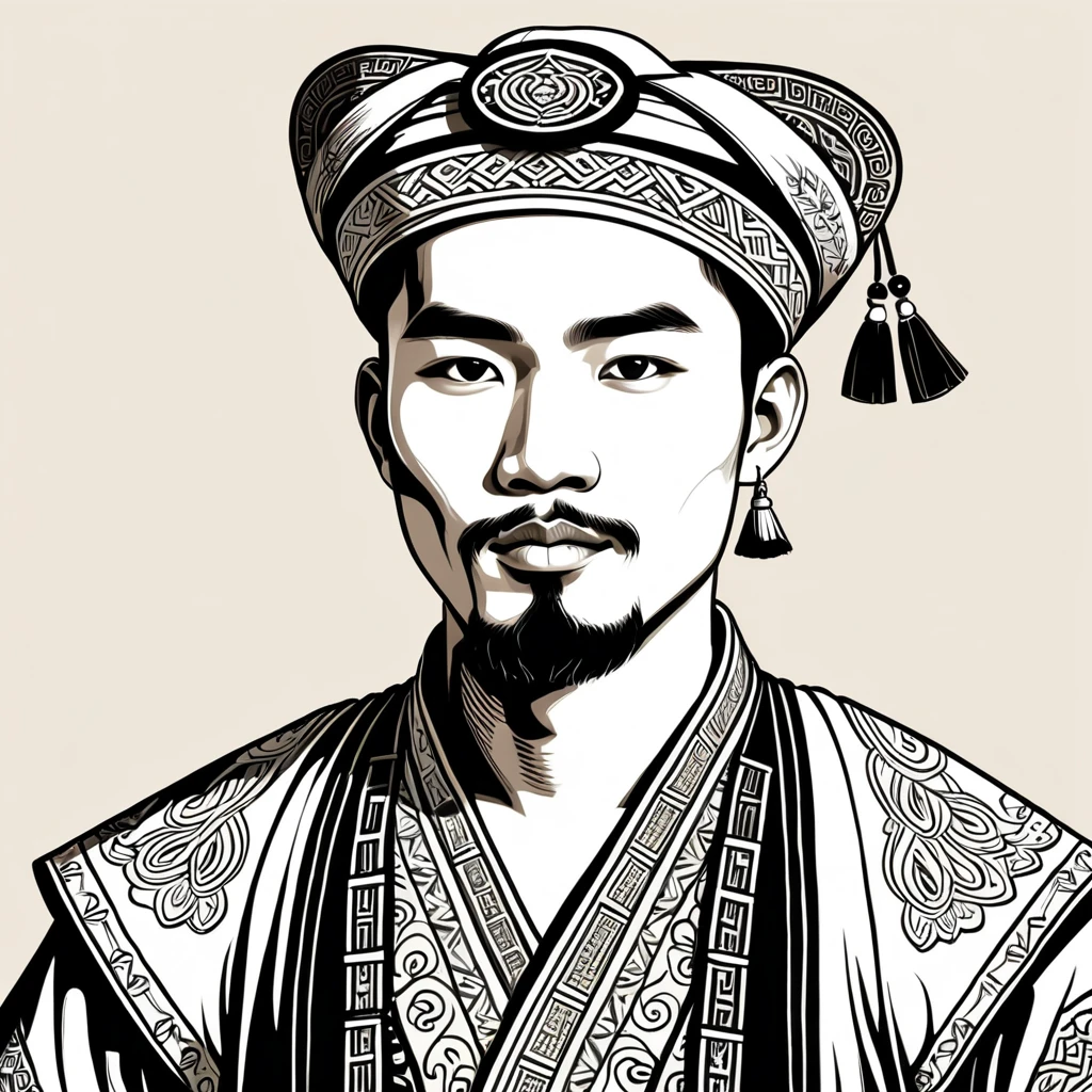 man in folk outfit from an unknown asian ethnic group, vector graphics, strong contours