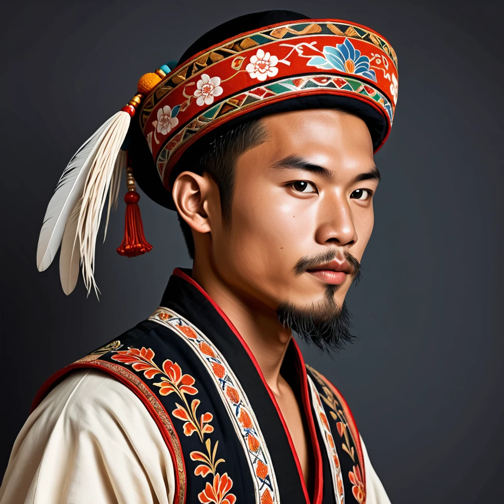 man in folk outfit from an unknown asian ethnic group, vector graphics, strong contours
