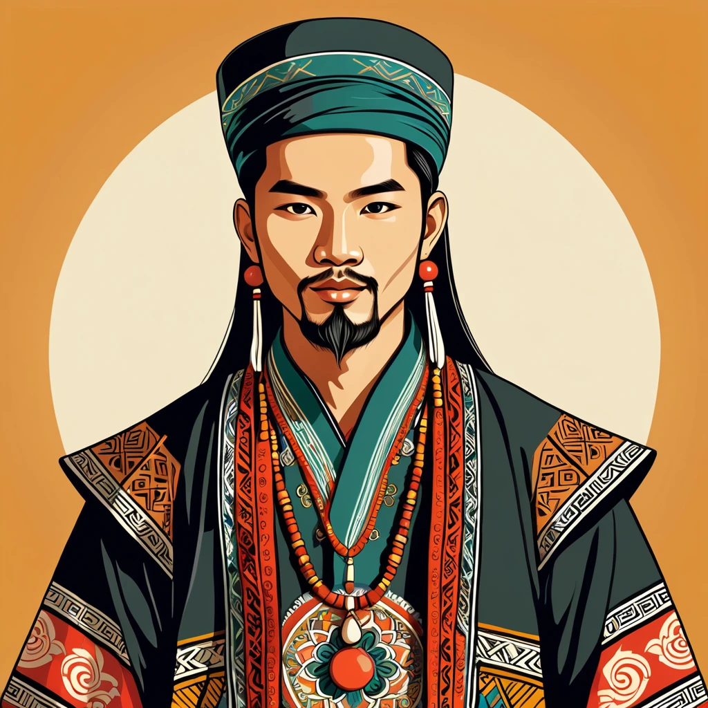 man in folk outfit from an unknown asian ethnic group, vector graphics, strong contours