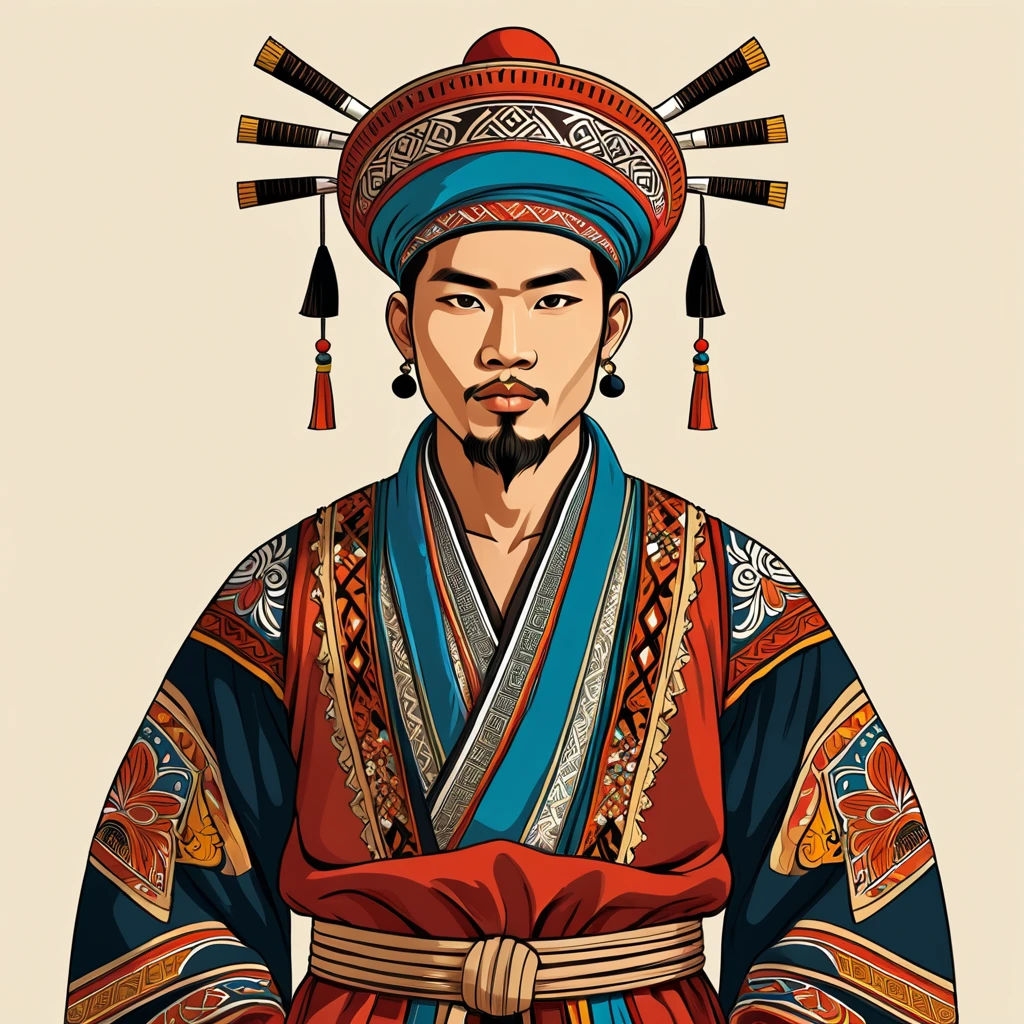 man in folk outfit from an unknown asian ethnic group, vector graphics, strong contours