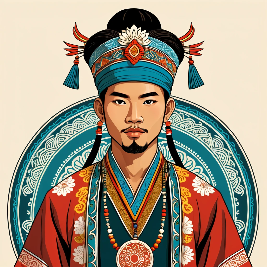 man in folk outfit from an unknown asian ethnic group, vector graphics, strong contours