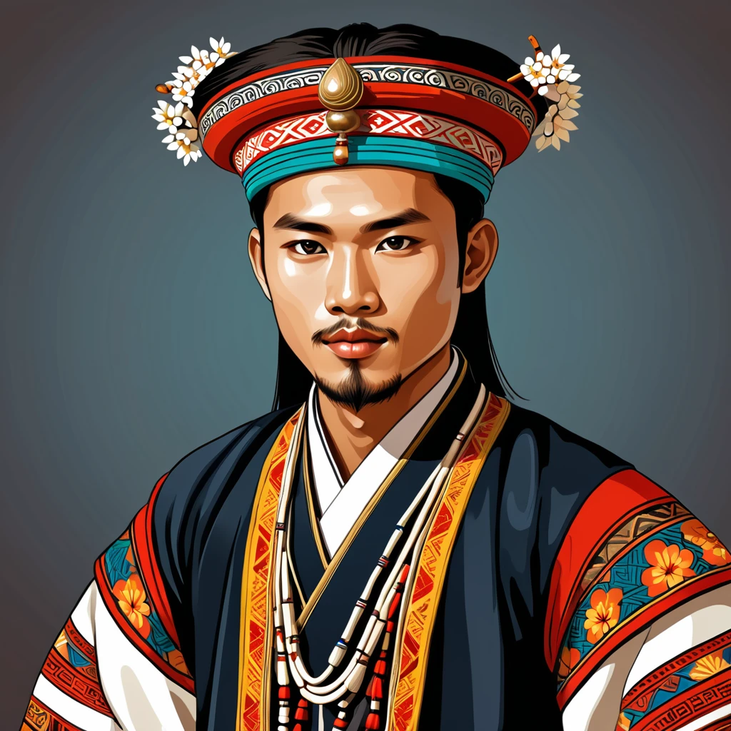 man in folk outfit from an unknown asian ethnic group, vector graphics, strong contours