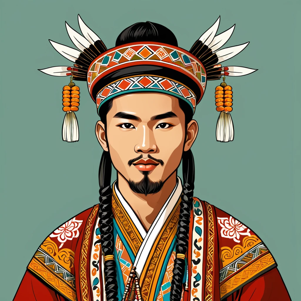 man in folk outfit from an unknown asian ethnic group, vector graphics, strong contours