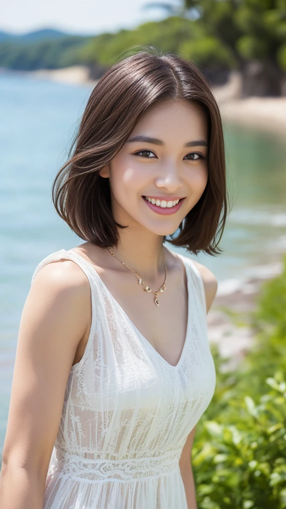 (Top quality, 8K, Masterpiece: 1.3), pull angles, full body, lens used f/2.8, 50mm, camera Sony, beautiful woman, one girl, slender abs: 1.1, short blond hair, (full body, down to feet: 1.2), super detailed face, very detailed lips, detailed eyes, double eyelids, Necklace, watch chosen as accessory, cute summer dress, beautiful beach background, very detailed face and skin, detailed eyes, double eyelids, expression best smile." Translated with DeepL.com (free version)