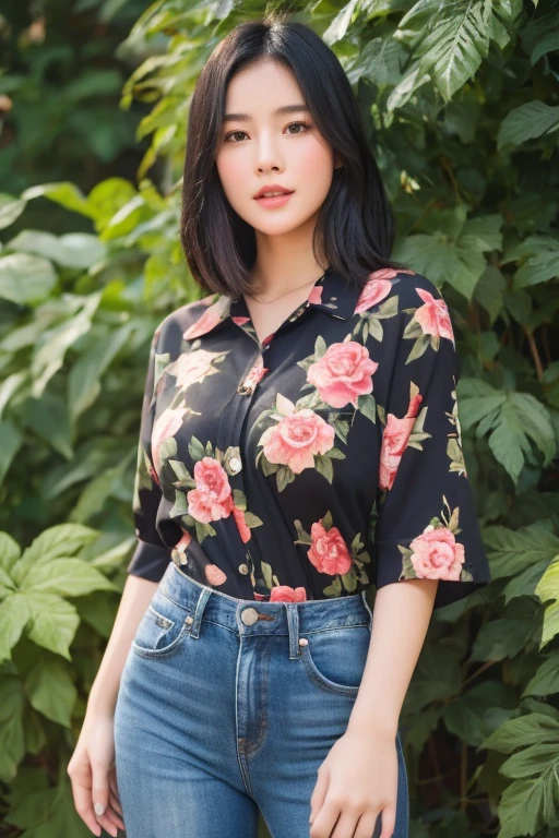 A beauty young Asian woman slightly plump , black hair, and wearing a full floral print long shirt, blue jeans,, greenery is background