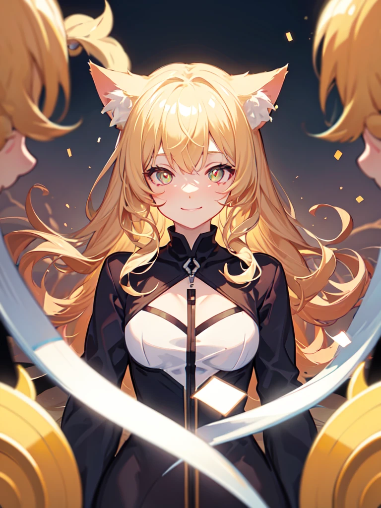 hair over shoulder, wavy hair, hair strand, shiny hair, blonde hair, eye reflection, glowing eyes, slit pupils, amber eyes, cat ears, smile, blush, glint, happy, anime, anime style, En plein air, high detail, cinematic lighting, ray tracing, reflection light, masterpiece, accurate, anatomically correct, super detail, high details, high quality, best quality, highres, 4K