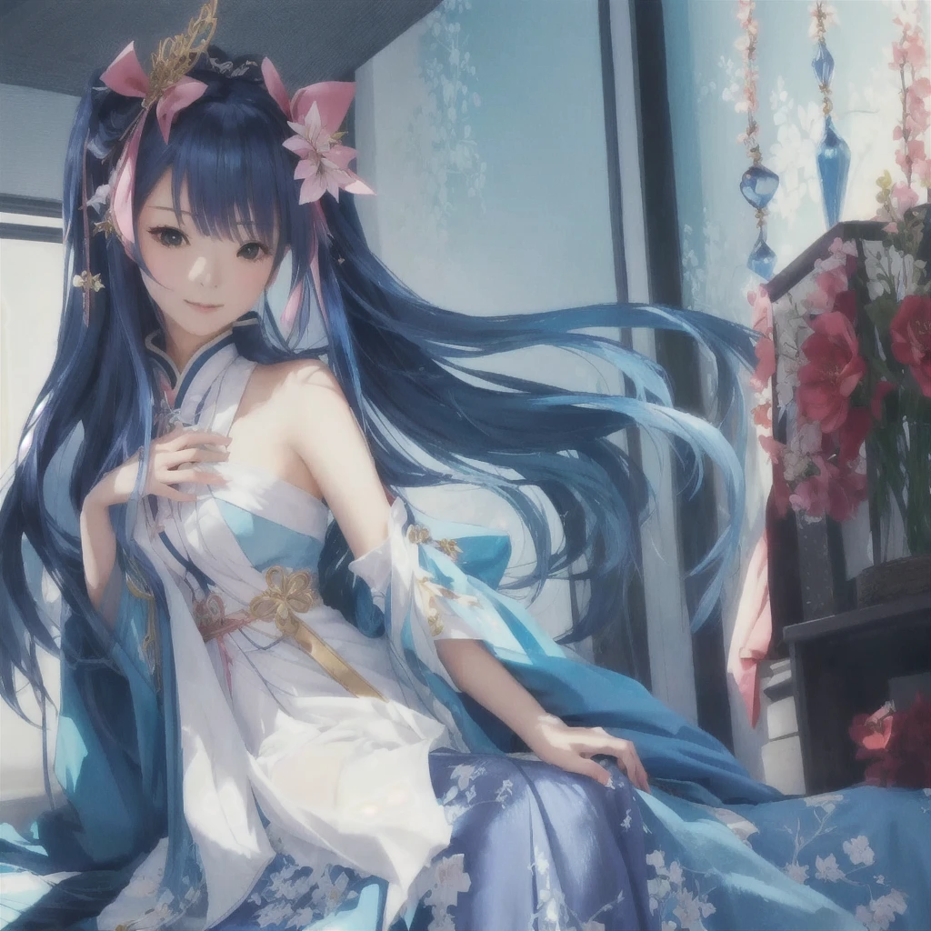 Anime girl with long hair and blue dress sitting on the bed, Anime Style 4k, Anime Art Wallpapers 8K, Beautiful anime artwork, anime art wallpaper 4k, anime art wallpaper 4k, Beautiful anime art, Anime fantasy artwork, Anime Goddess, 2. 5 d cgi Anime fantasy artwork, onmyoji, Beautiful fantasy anime, artstation pixivでトレンド