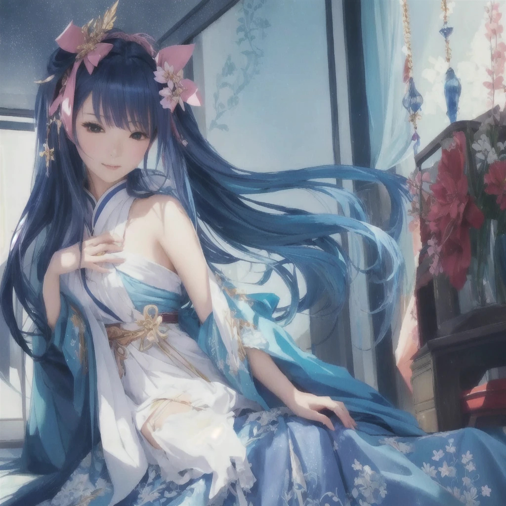 Anime girl with long hair and blue dress sitting on the bed, Anime Style 4k, Anime Art Wallpapers 8K, Beautiful anime artwork, anime art wallpaper 4k, anime art wallpaper 4k, Beautiful anime art, Anime fantasy artwork, Anime Goddess, 2. 5 d cgi Anime fantasy artwork, onmyoji, Beautiful fantasy anime, artstation pixivでトレンド