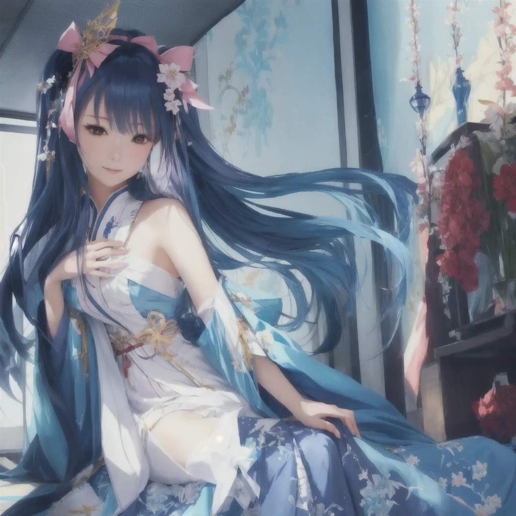Anime girl with long hair and blue dress sitting on the bed, Anime Style 4k, Anime Art Wallpapers 8K, Beautiful anime artwork, anime art wallpaper 4k, anime art wallpaper 4k, Beautiful anime art, Anime fantasy artwork, Anime Goddess, 2. 5 d cgi Anime fantasy artwork, onmyoji, Beautiful fantasy anime, artstation pixivでトレンド