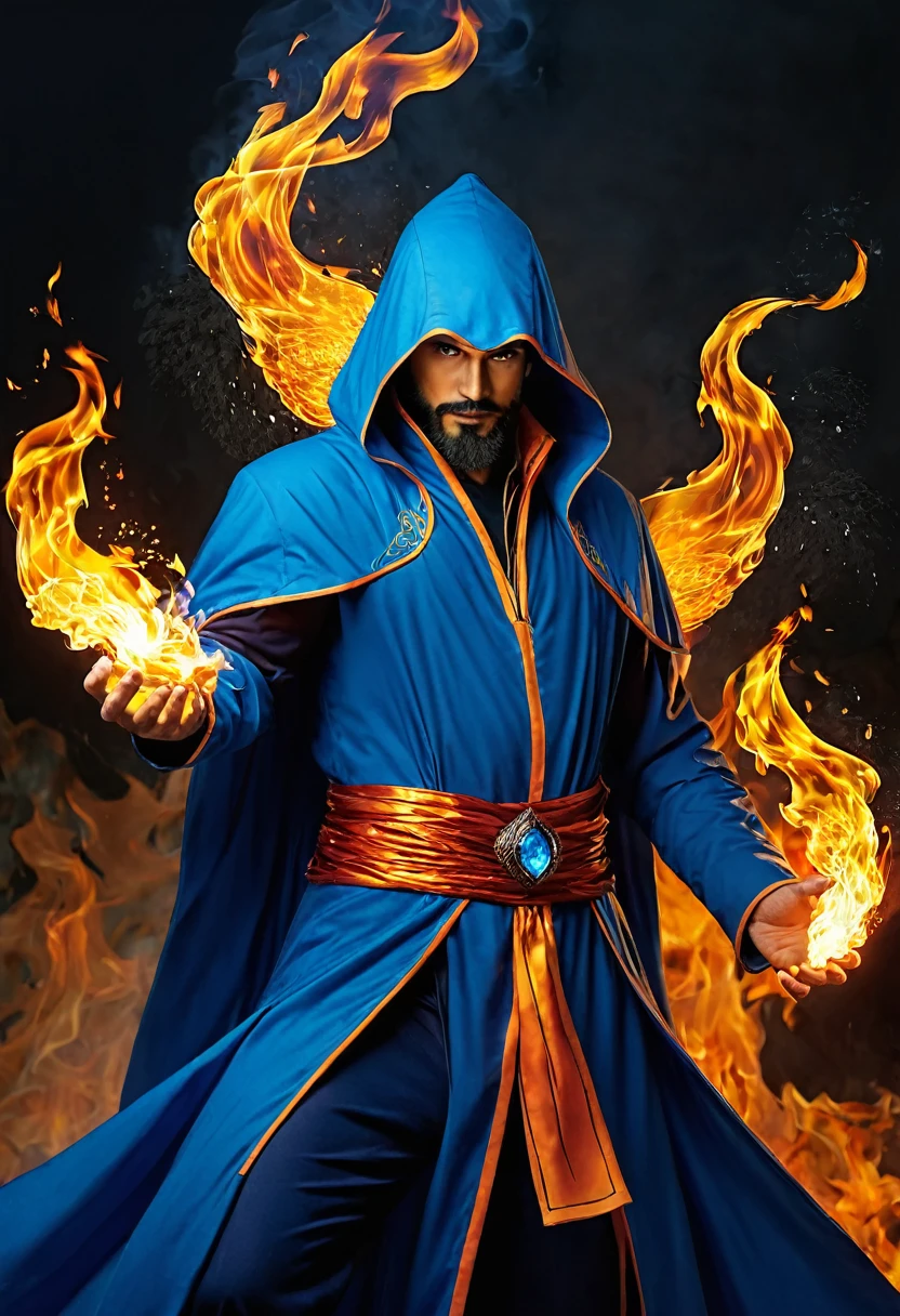 ((best qualityer)), ((Masterpiece artwork)), Fire Wizard, Hands on fire, d character&d, Flaming blue long cover, adult man, blue outfit.