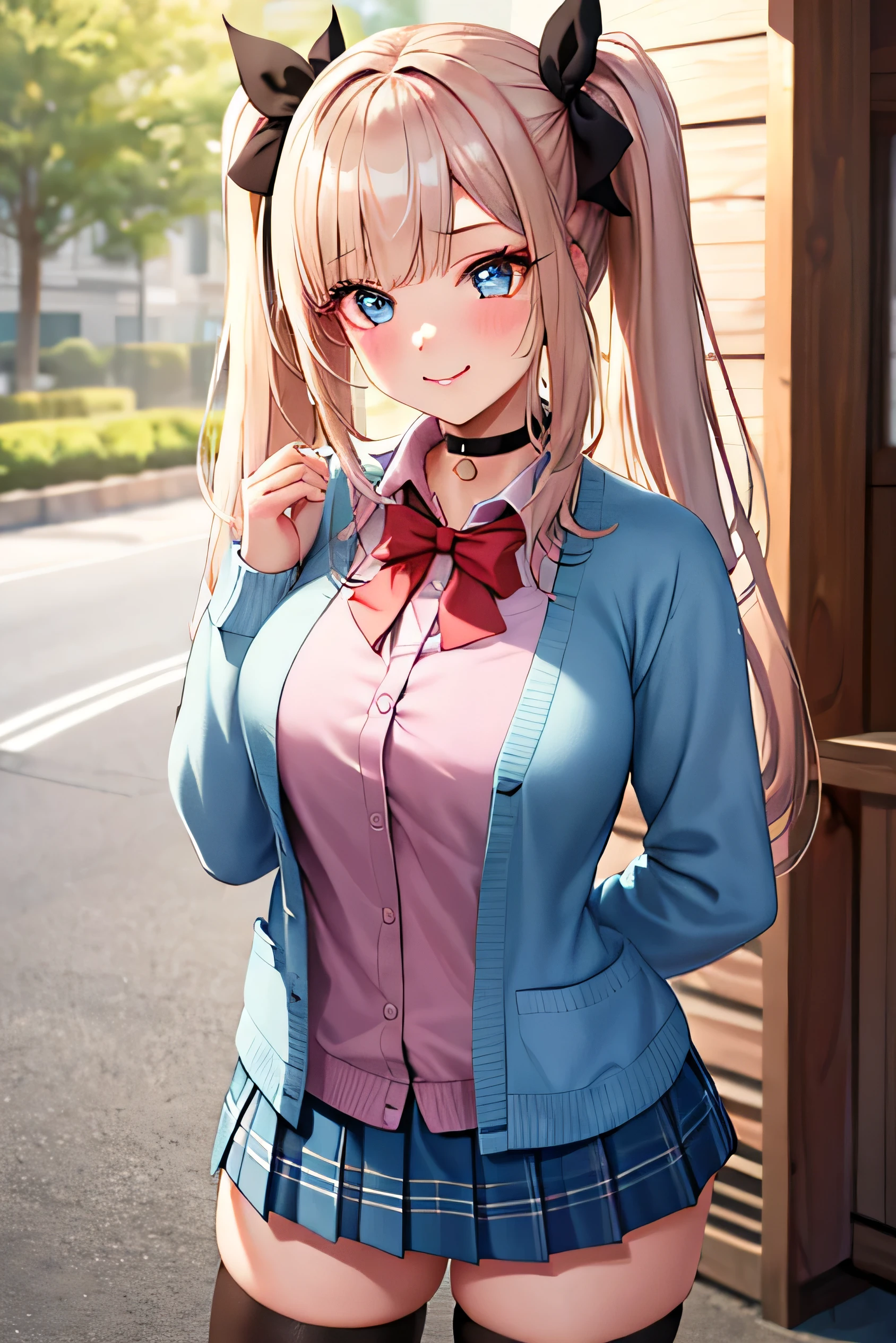 1girl, solo focus, young women, skin imperfection, light white skin, perfect face, puffy face, beautiful face, puffy eyes, blue eyes, big eyes, perfect eyes, eyelashes, long platinum blonde hair, bangs, makeup, blush, blush nose, glitter makeup on eyes, detailed anime soft face, pink clothes, highres, twintails, hair ribbon, long sleeves, red bow, pink cardigan, white thighhighs, plaid skirt, red ribbon, black choker, , open shirt, outdoors, cowboy shot, standing, smile, hands behind back