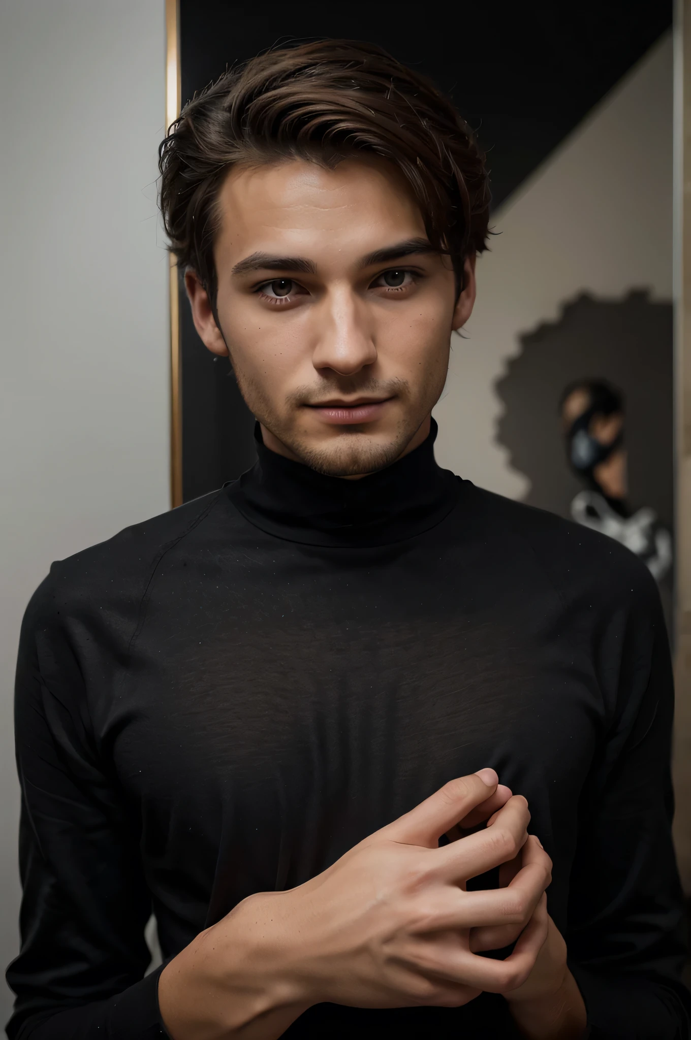 un jeune homme homme de face francais avec un visage beau mais un peu discret avec les cheveux court et noirs ,yeux marrons. avec un costume noir . éviter : les dessins animés, thèmes fantastiques, éléments abstraits, animaux, traits exagérés.