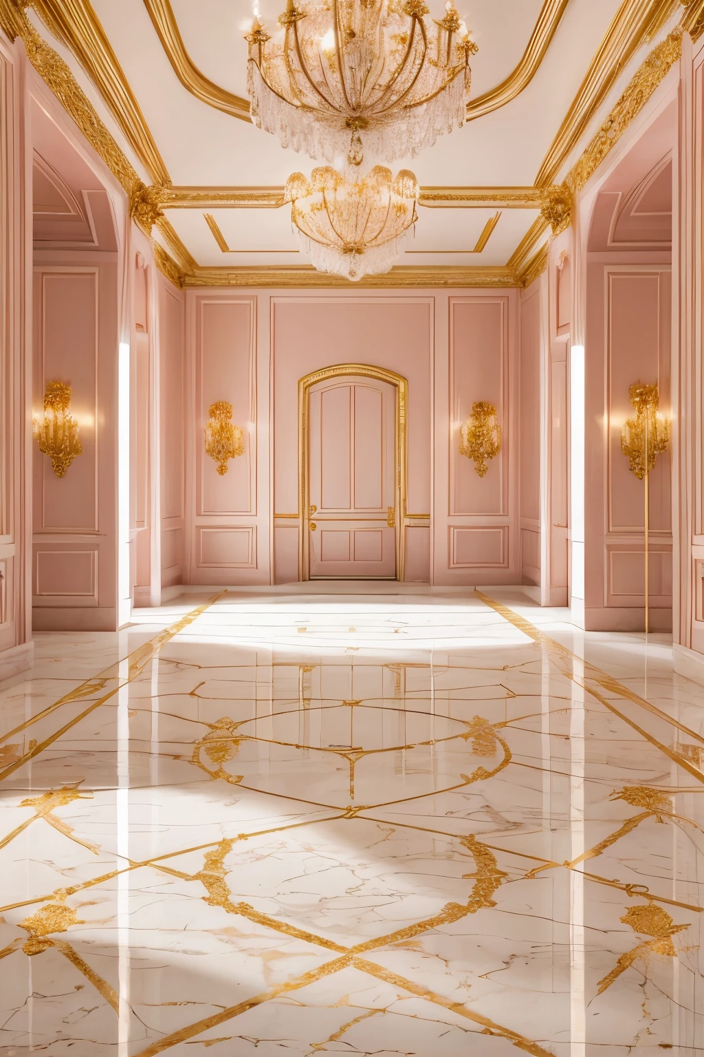 Pink whispers of a sparkling tale of soft, refreshing renewal filled with golden roses caressed by the soft surrounding sunlight, the floor is reflective pink marble.