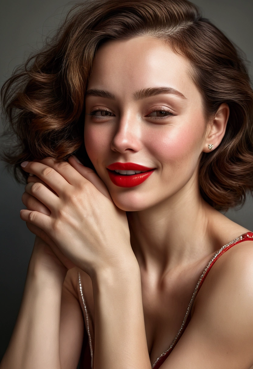 Alone, (Casual clothes, Women), hugging herself, happy, Satisfaction, Red lips, shiny skin, dents in the skin, Best Quality, ultra high resolution, (realism: 1.4),