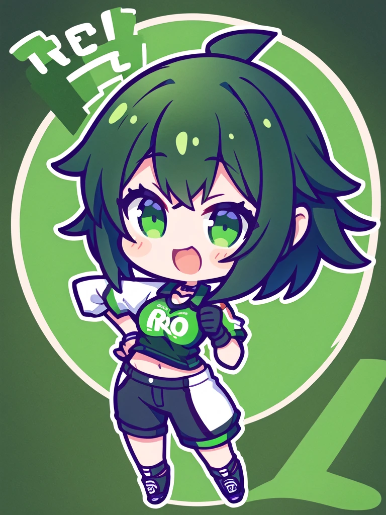 Logo of a girl with short black and green hair from a car customization company called Infortunio, wearing racing clothes and giving a thumbs up, alone and solitary.