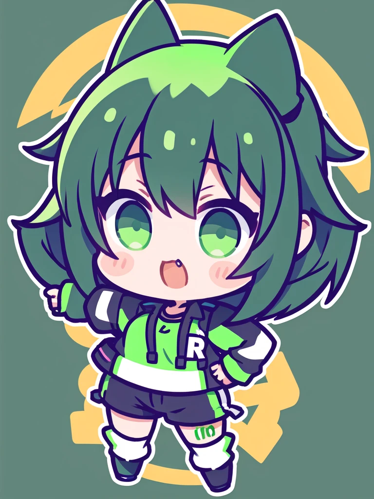 Logo of a girl with short black and green hair from a car customization company called Infortunio, wearing racing clothes and giving a thumbs up, alone and solitary.