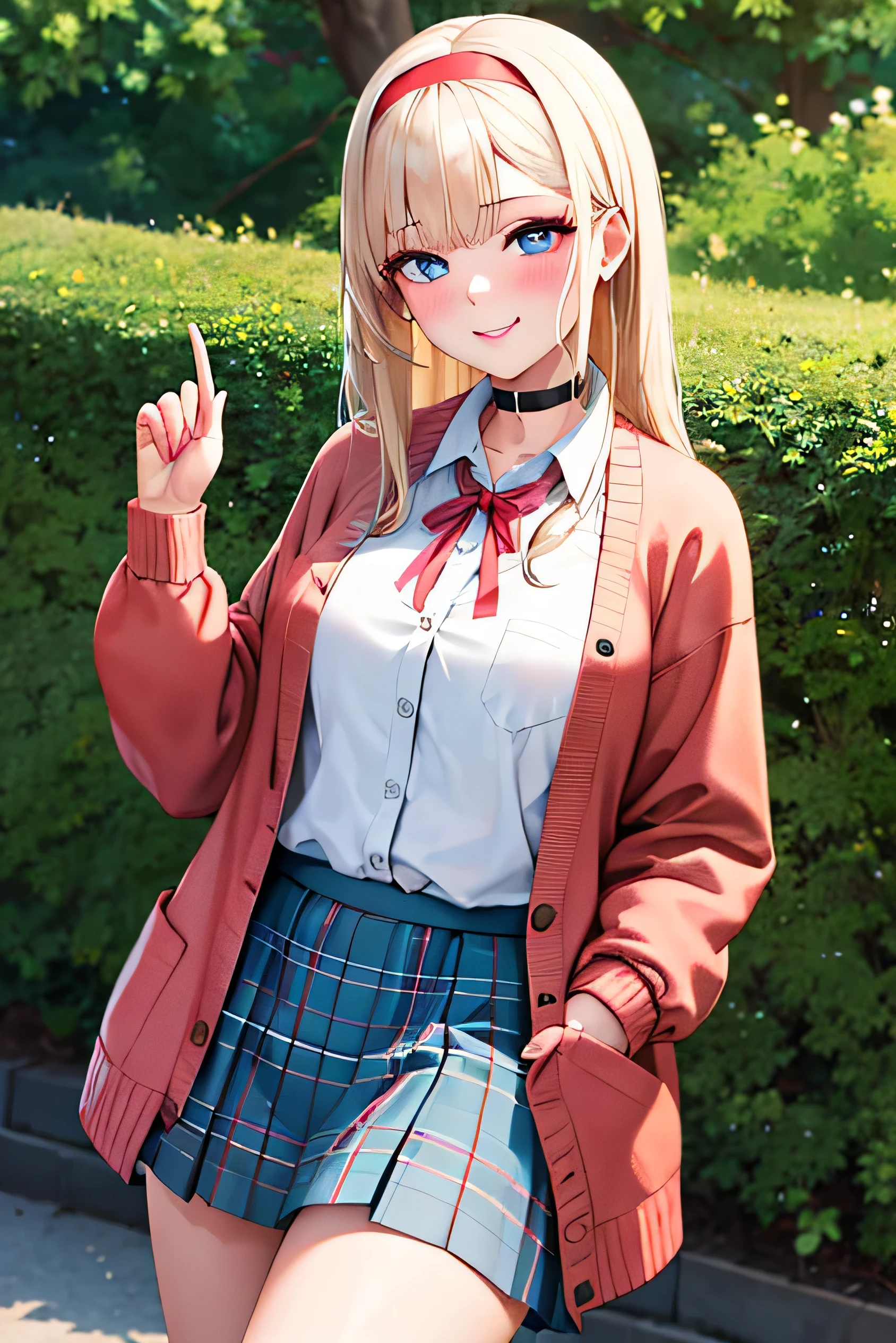 1 girl, focus alone, young woman, skin imperfection, light white skin, Perfect face, swollen face, beautiful face, swollen eyes, Blue eyes, large eyes, Perfect eyes, eyelashes, platinum blonde long hair, hits, make up, blush, blush nose, glitter make up on eyes, detailed anime soft face, pink clothes, high resolution, two tails, hair band, long sleeves, red bow, pink cardigan, white thighs, plaid skirt, Red ribbon, black choker, , open shirt, outdoor, cowboy shot, standing, SMILE, hands behind the back