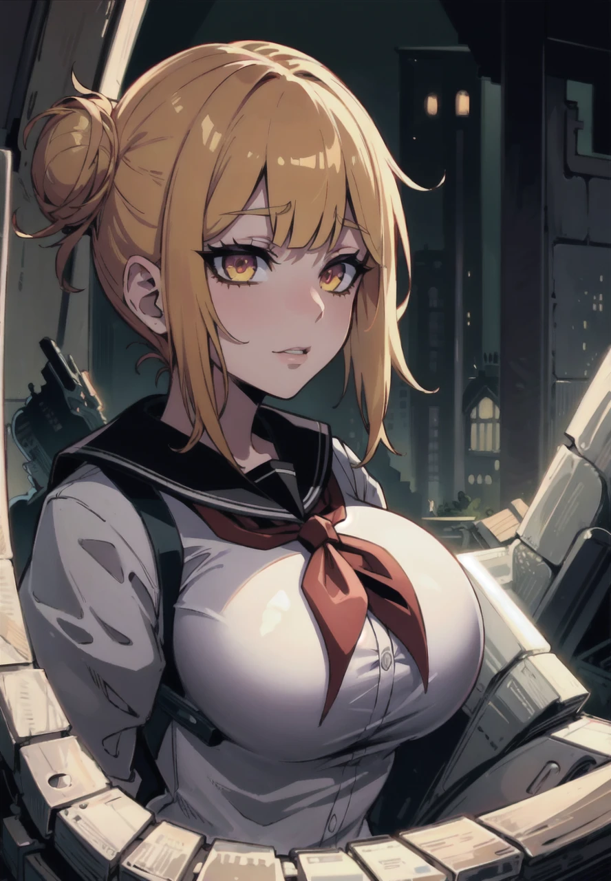 dark art, horror, thick outlines, anime, perfect hands, masterpiece:1.2, ruined city at night, 1 girl, sarashi bandage rap, neckerchief, big breast, detailed background, detailed face, detailed eyes, h