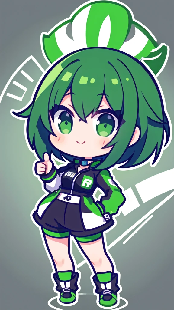 Logo of a girl with short black and green hair from a car customization company called Infortunio, wearing racing clothes and giving a thumbs up, alone and solitary.