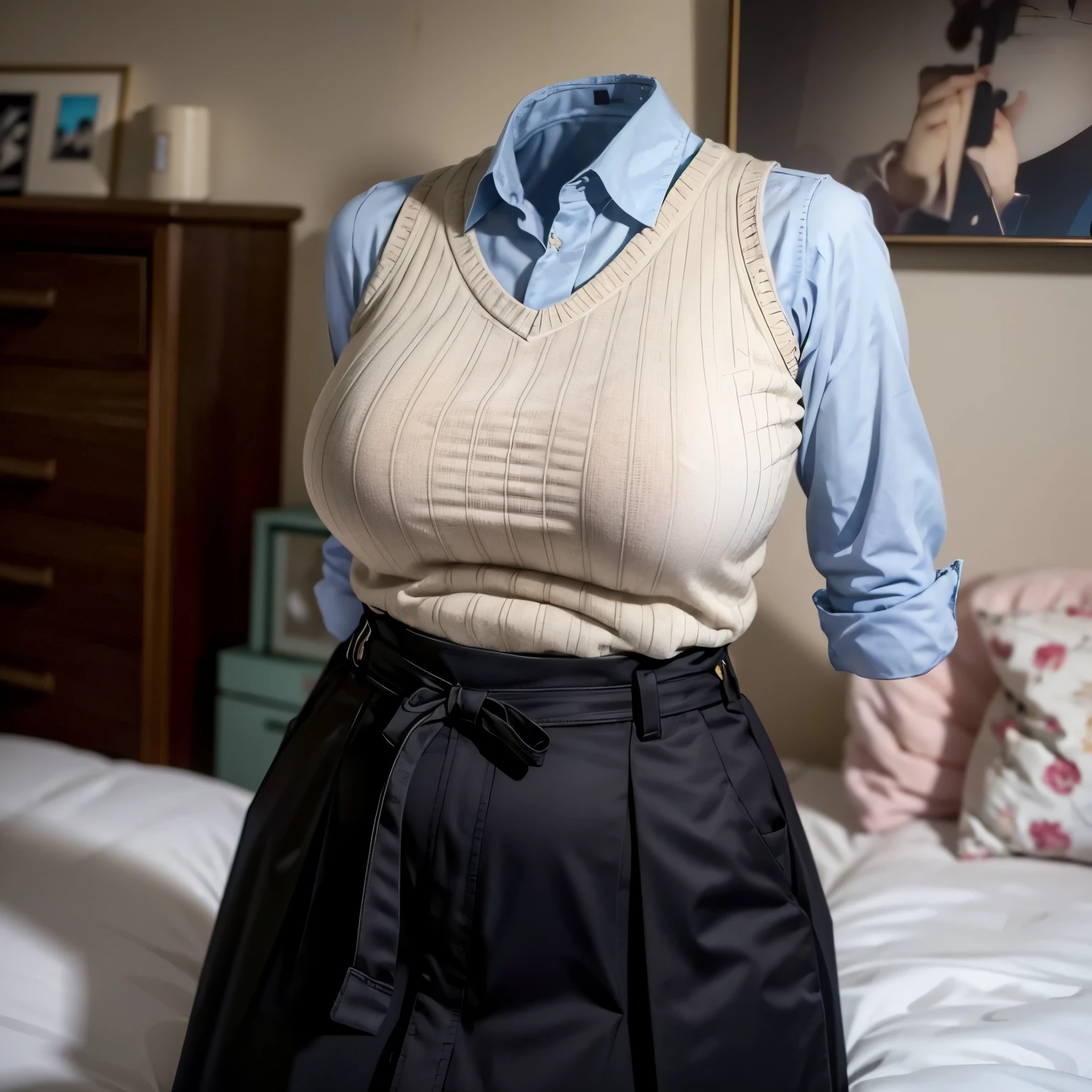 (invisible, no humans:1.7, headless:1.7, handless, legless), kibito high school vest, sweater vest, skirt, (close-up to breast), cute big breast, fat, chubby, reading book on bed,
(8k, RAW photo, best quality, masterpiece:1.2), (realistic, photo-realistic:1.37),photon mapping, radiosity, ((Hasselblad photography)),physically-based rendering,