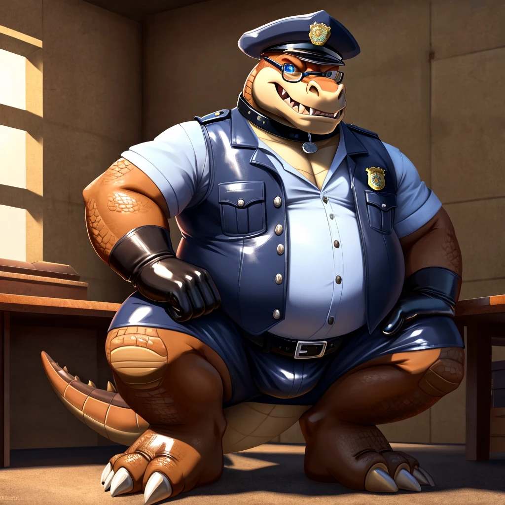 Solo, Male, fat, squatting, extremely obese, gentleman, dapper Dingodile, blue eyes, (soft shading), 4k, hi res, ((detailed face, detailed)), looking at viewer, evil grin, police station, collared shirt with buttons, hat, male focus, Police Uniform, glasses, monocle, vest with buttons, sleeves rolled up, round eyewear, headwear, vest, Dingodile is wearing a glossy leather dog collar around the neck, Dingodile is wearing the leather collar and shirt and vest at the same time, Dingodile is wearing glossy white rubber gloves on the hands, wearing white rubber gloves on the feet, gloves are rubber in texture, clenching teeth, clenching fists, leather collar is glossy and shiny with a lot of detail, Dingodile is wearing gloves and leather collar at the same time, leather collar has a round dog-tag, leather collar is thick and detailed, white rubber gloves on the feet.